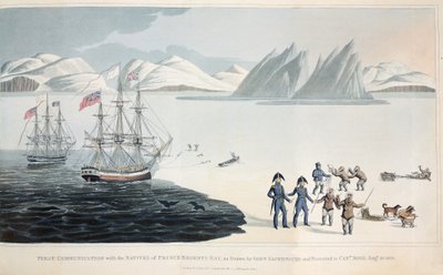Primera comunicación con los nativos de Regents Bay el 10 de agosto de 1818, ilustración de Un viaje de descubrimiento..., 1819 de John Sackhouse